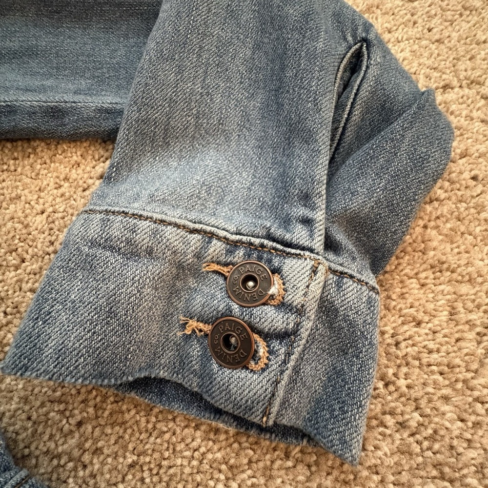 PAIGE Alamar Distressed Jean Jacket Womens XL Blue Denim Stretch Button Front - Picture 7 of 14